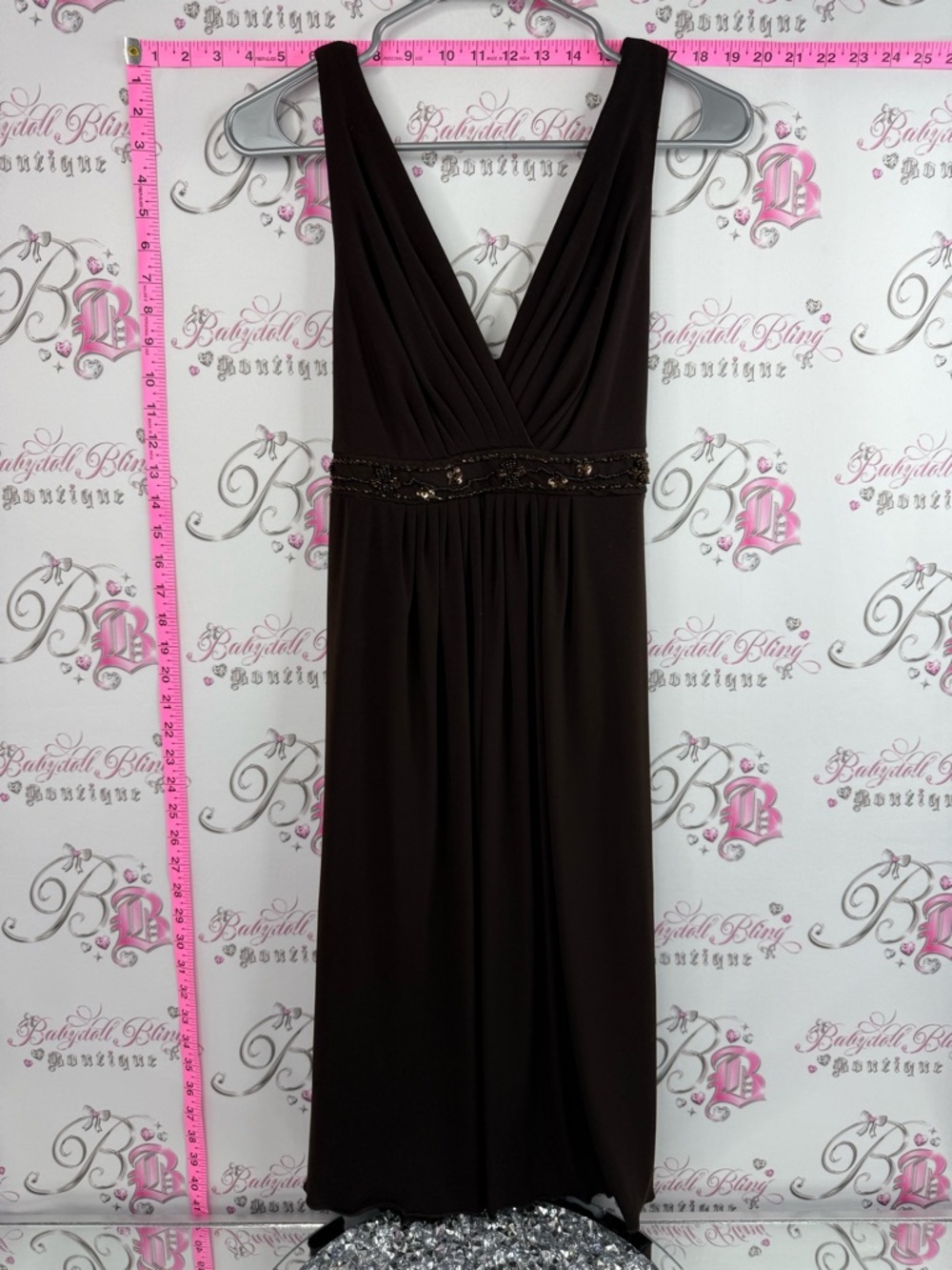 Jessica dress beaded lace Brown Sleeveless V-Neck Midi Dress with Beaded Waist